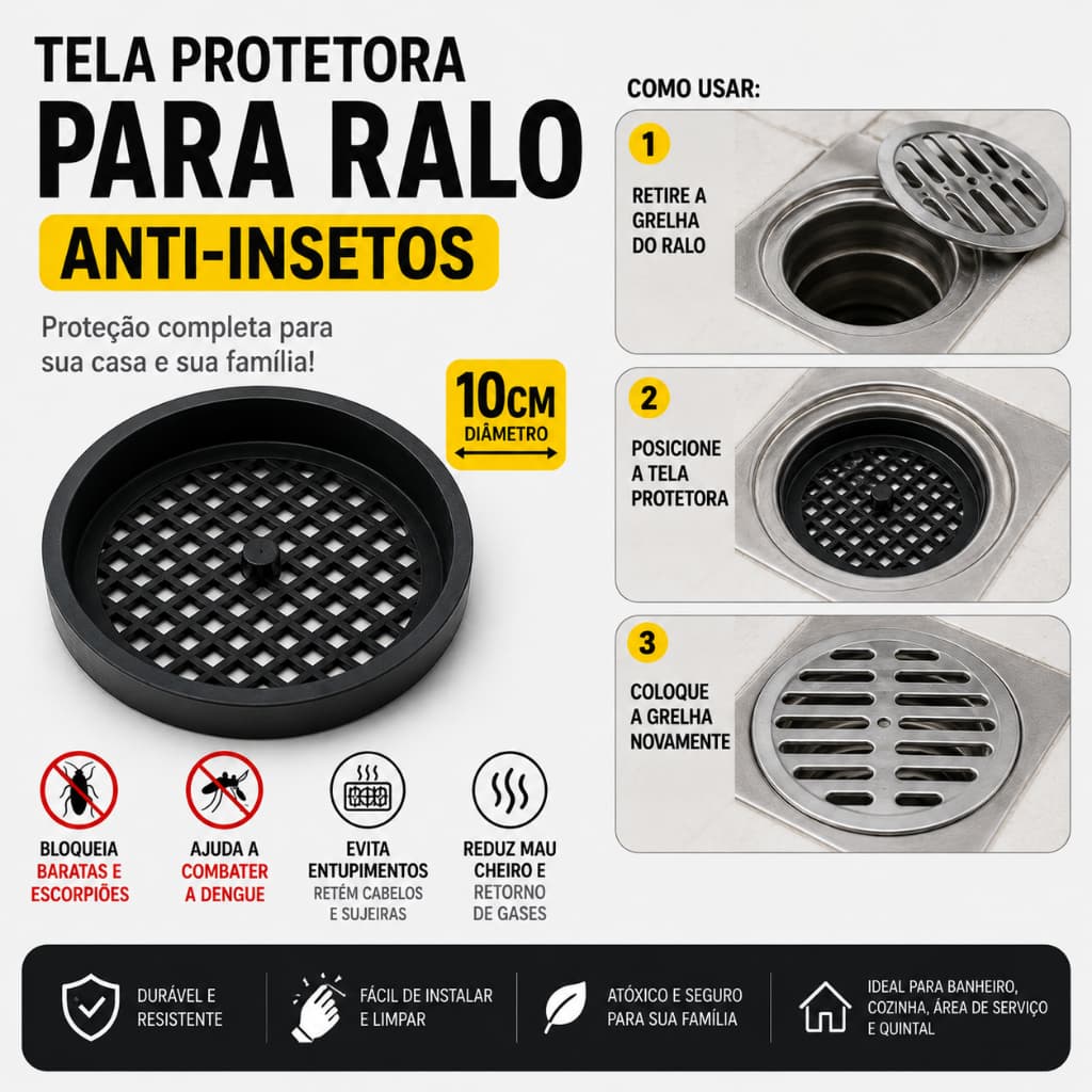 Tela Protetora para Ralo Anti Insetos 10cm Contra Escorpião Baratas Dengue Ratos Evita Entupimentos Banheiro Cozinha