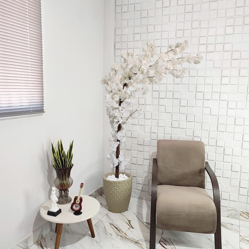 Planta Artificial Cerejeira Japonesa Curva Branca Vaso Pedra