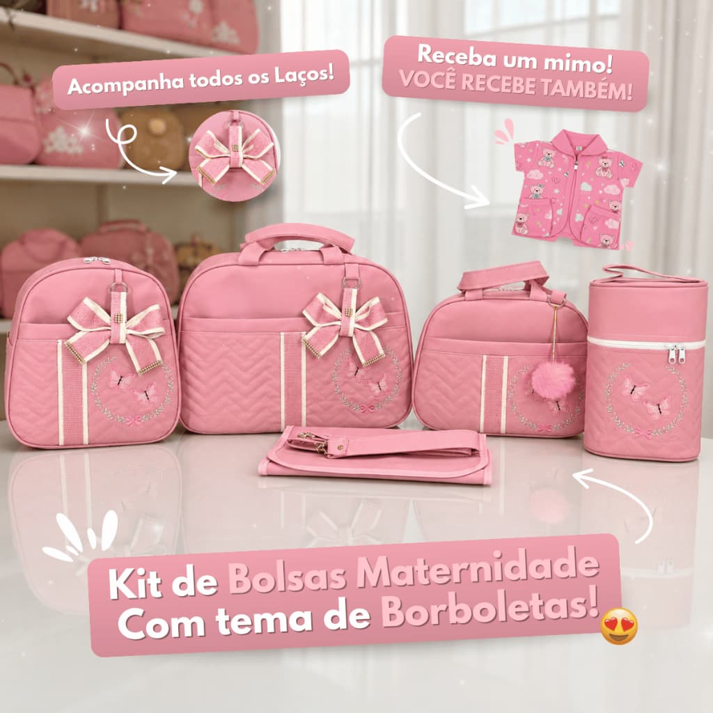 Bolsa para Meninas Enxoval Saída Maternidade Kit Completo com 5 peças com Borboletas
