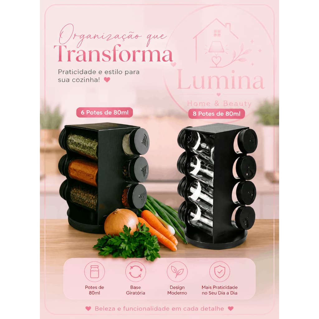 Porta Condimentos Giratório Plástico Preto com 06 Potes 80ml - Cozinha