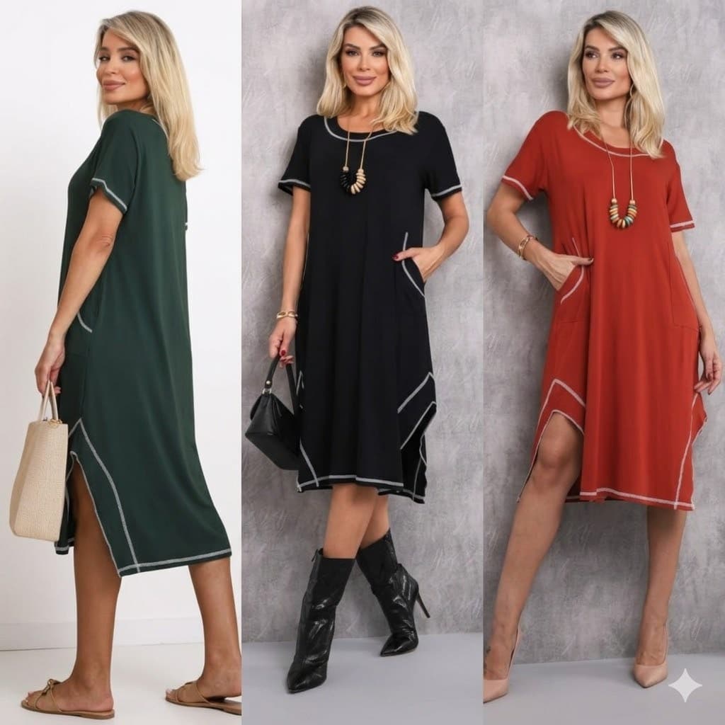 Vestido Pespontado midi elegante com bolso confortável modermo soltinho básico dia a dia moda feminina maternidade
