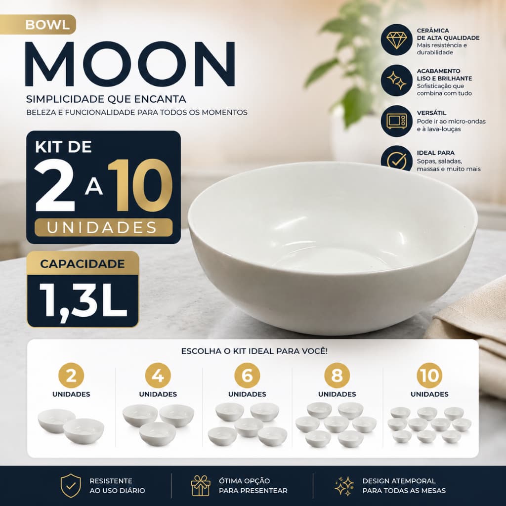 Kit de 2/4/6/8/10 Cumbucas Tigelas Bowl Moon 1,3L Branco Tigela Multiuso