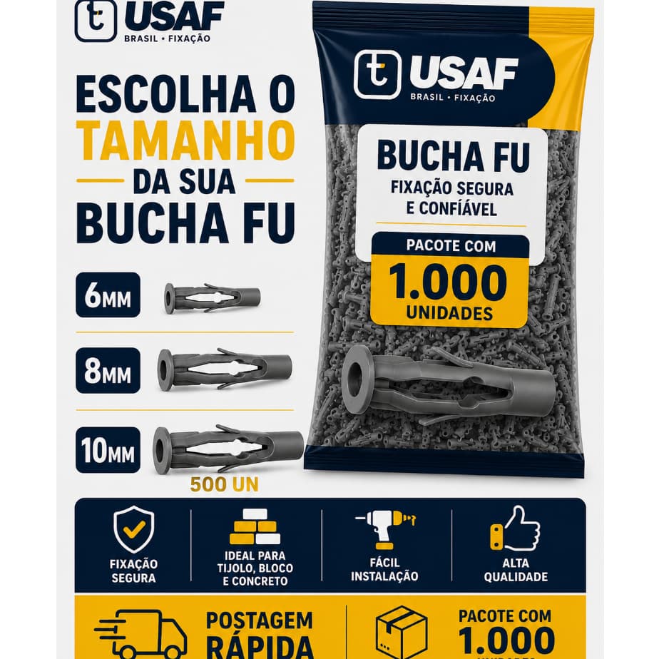 PACOTE COM 1.000 UNIDADES BUCHA FU 6mm 8mm - 10mm (500)
