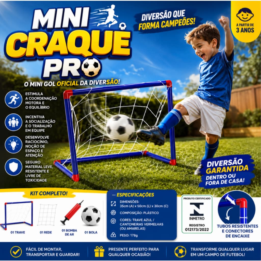 Kit Futebol Infantil Mini Craque Pro com Bola Trave Rede e Bomba +3 Anos Brinquedo Educativo