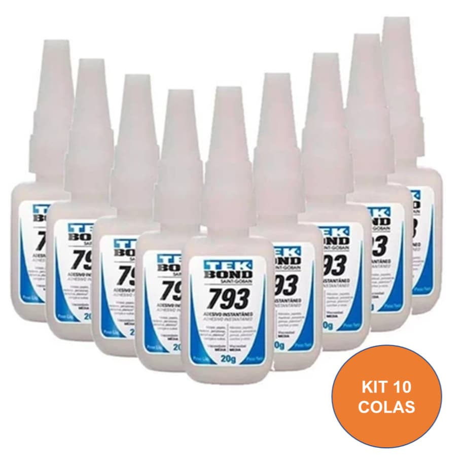 Kit 10 Cola Instantânea Tek Bond 793 20g / Unha Para Postiça/Fibra e Pedrarias Bico Fino / Fácil Aplicação / Super Forte