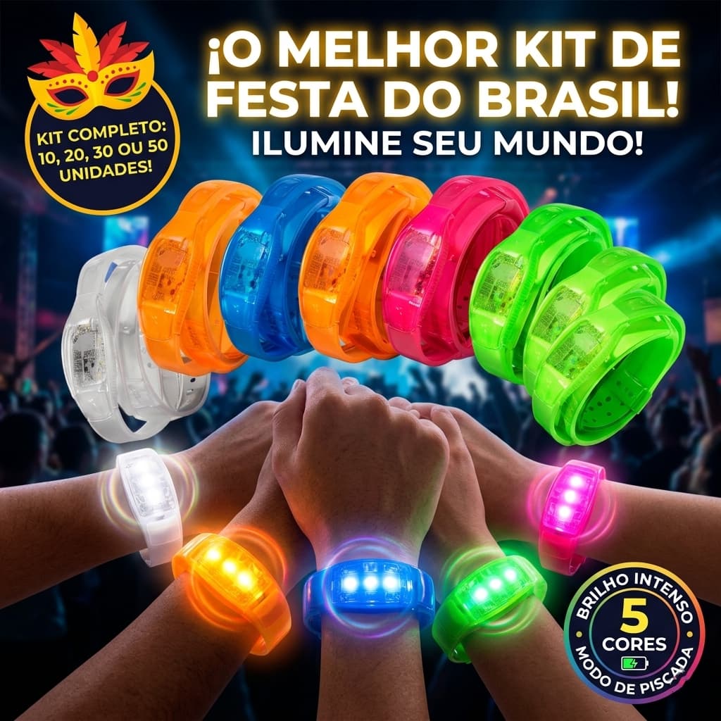 Kit 10/20/30/40/50 Pulseiras LED que Reagem à Música Luz Ativa para Festas e Eventos