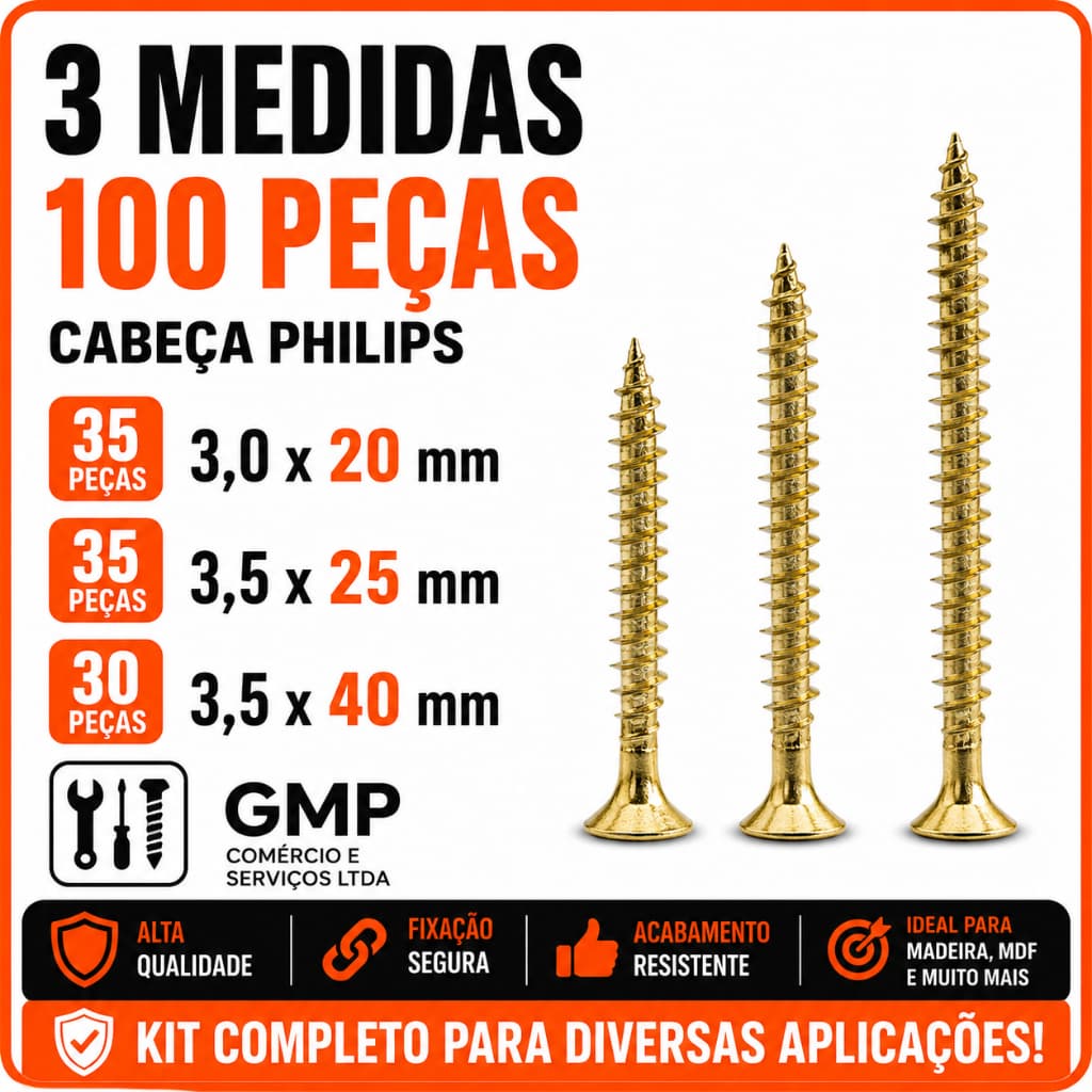 Kit Parafuso e Bucha 100 Peças Cabeça Philips 3,0x20 3,5x25 3,5x40 Para Madeira Parede Fixação