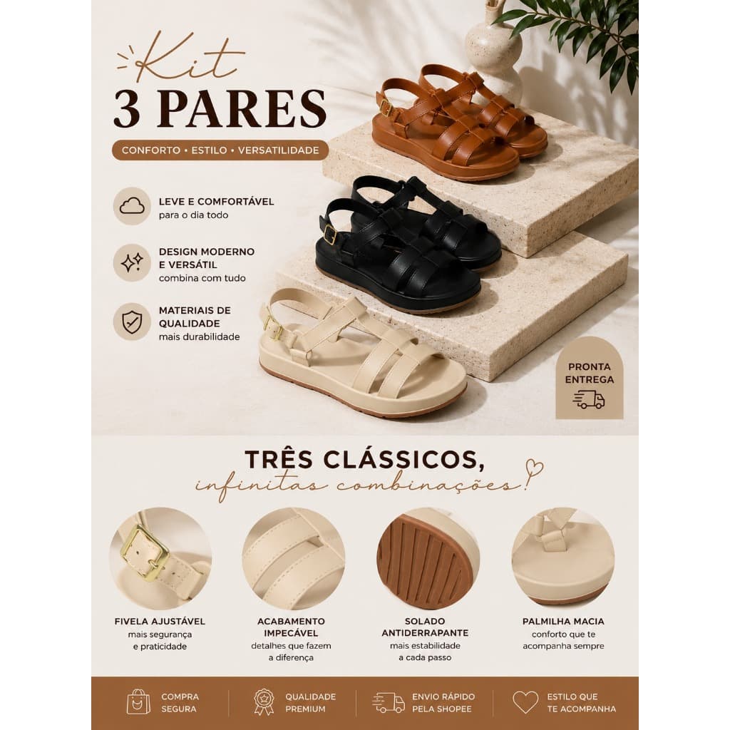 Kit 3 Pares Sandália Papete Plataforma Feminina Estilosa Confortável Leve Tendência Casual