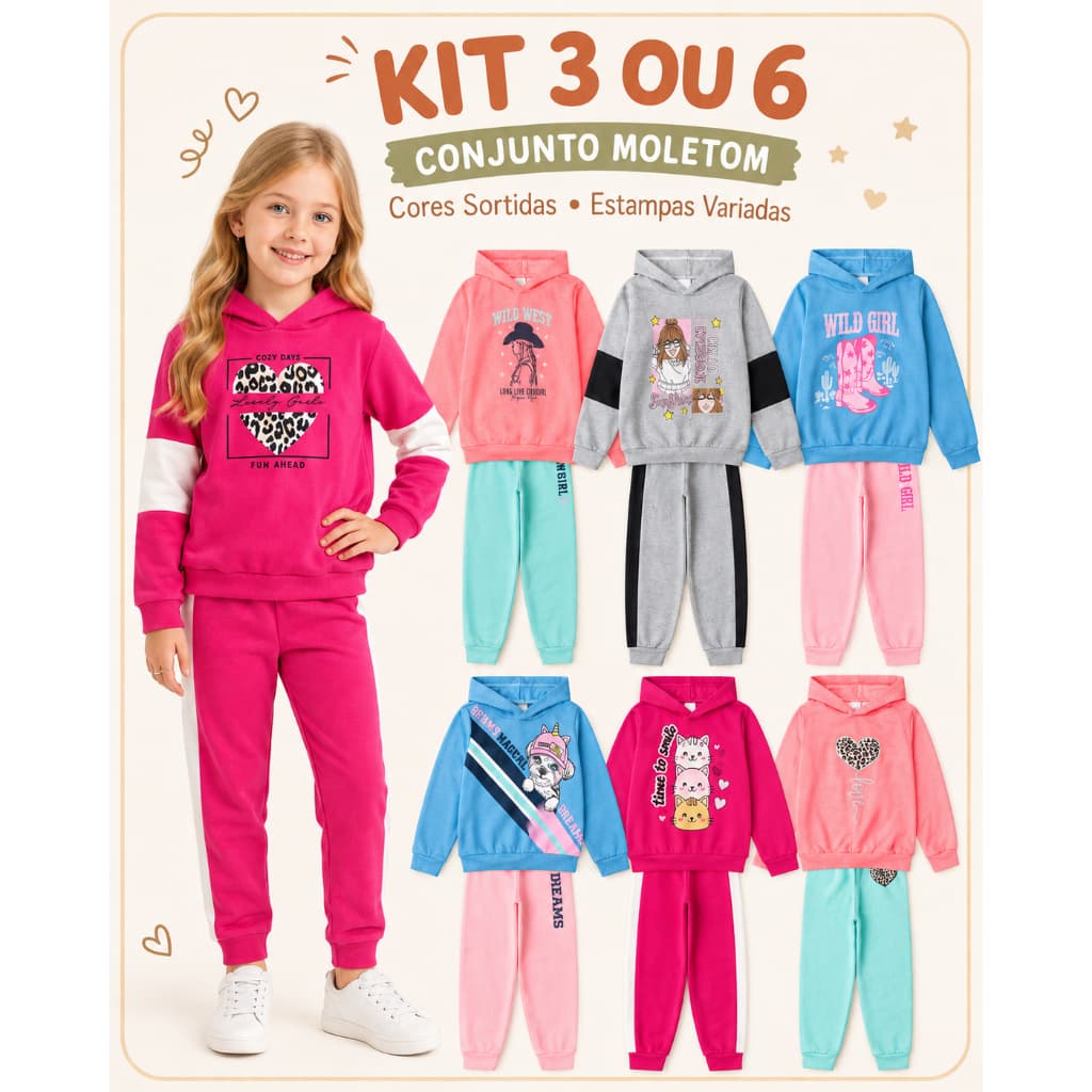 Kit 6 ou 12 Peças (3 ou 6 Conjuntos) Moletom Conjunto Recortes de Menina Inverno Roupa De Menina