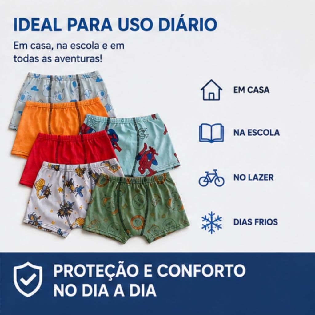 Kit 5 Cuecas Box Boxer Infantil 100% Algodão Menino Estampada Infantil e Lisa