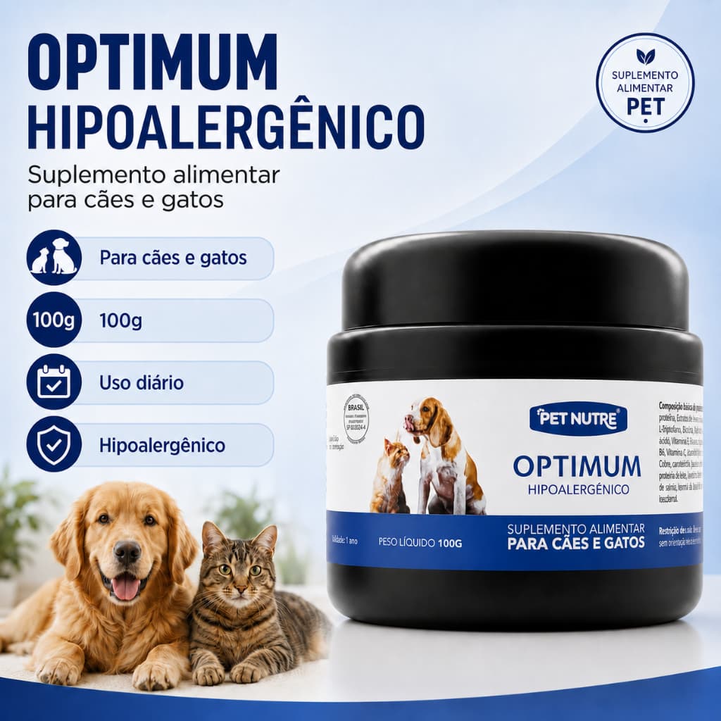 Suplemento Pet Hipoalergênico Cães Gatos Pet Nutre Optimum 100g Vitaminas Minerais Nutricao Animal