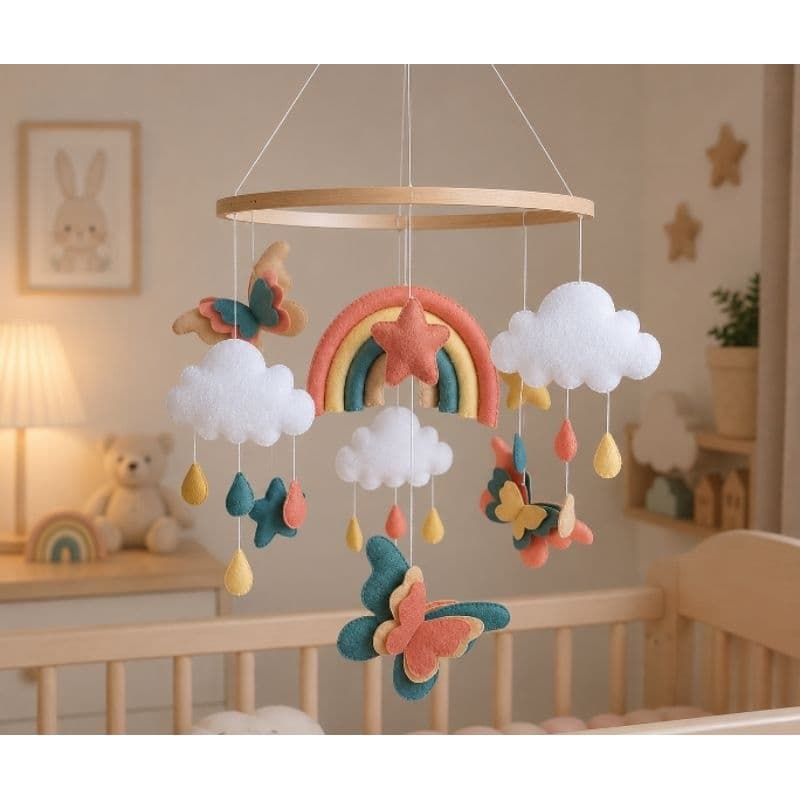 Móbile de berço arco-íris, nuvens, estrelas, borboletas, chuva de amor, bebê Arco-íris