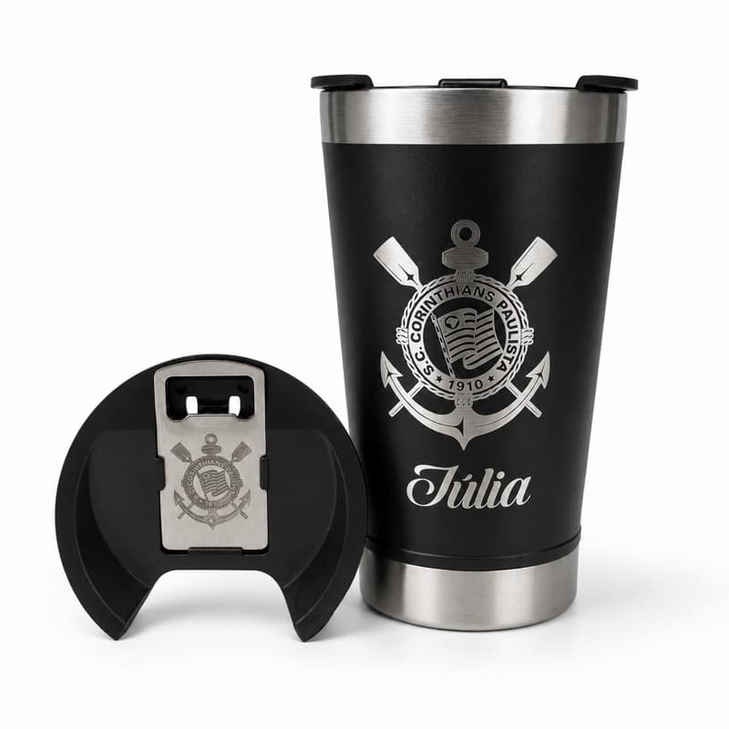 Copo Térmico Corinthians 473ml Personalizado Com Nome e Abridor