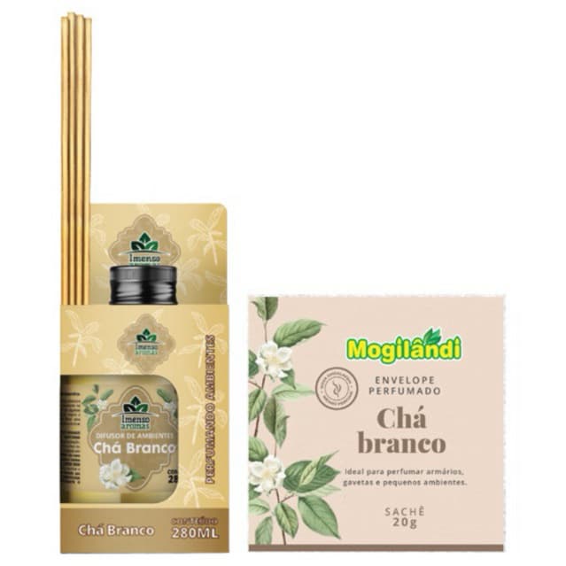 Kit Difusor de Ambientes + Sachê Perfumado Chá Branco | Aromatizador de Ambiente Presente Quarto Escritório
