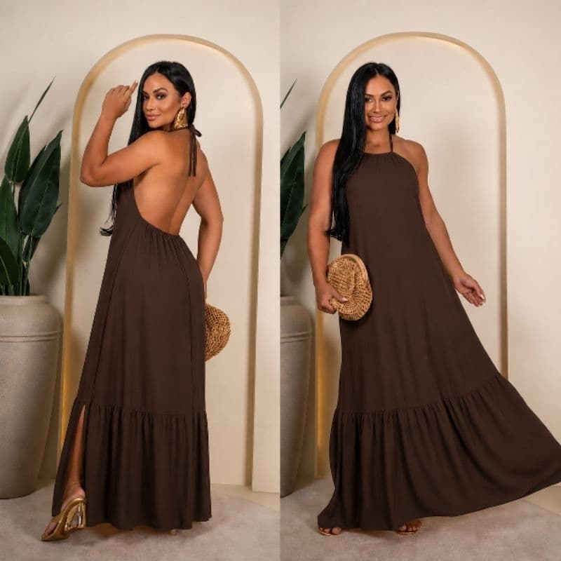 Vestido longo frente única festa moda feminina preto marsala marrom verde com fenda tecido crepinho