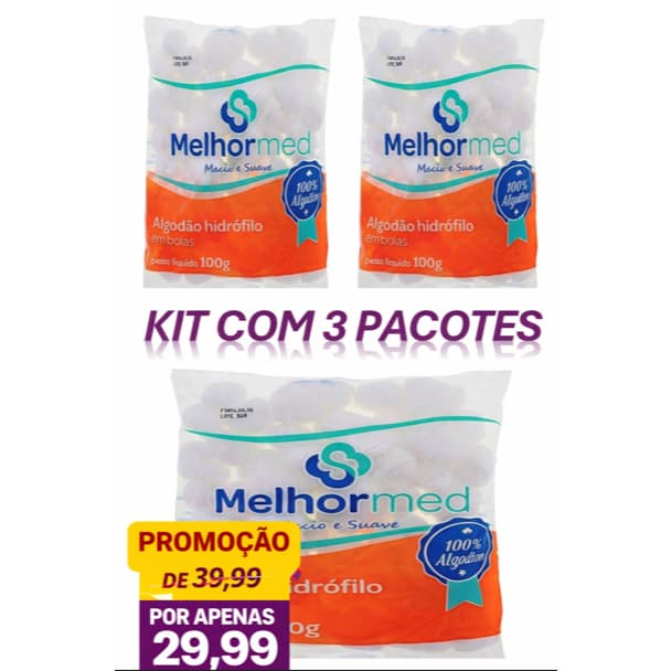 Algodão em Bolas  100 GR - KIT com 3 pacotes Melhormed