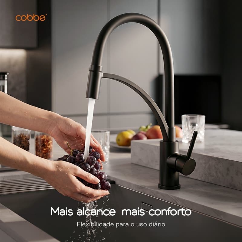 Torneira Gourmet para Cozinha Preto Fosco Monocomando Água Quente e Fria Flexível 360° Inox 304 Heemli