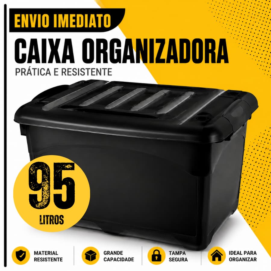 Caixa Organizadora 95 Litros Preta Com Rodinhas e Trava Para Transporte