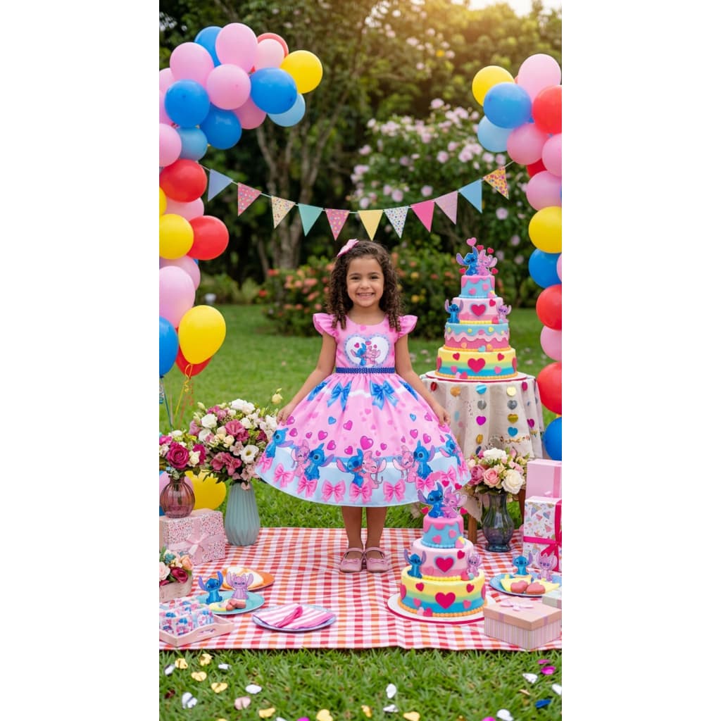 Vestido Stitch e Angel Infantil Temático Festa Menina Rosa e Azul de 4 a 12 anos