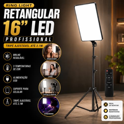 Ring Light Retangular 16 Led Profissional Tripé 2,1m Iluminador Foto Vídeo Live Maquiagem Celular USB Pro