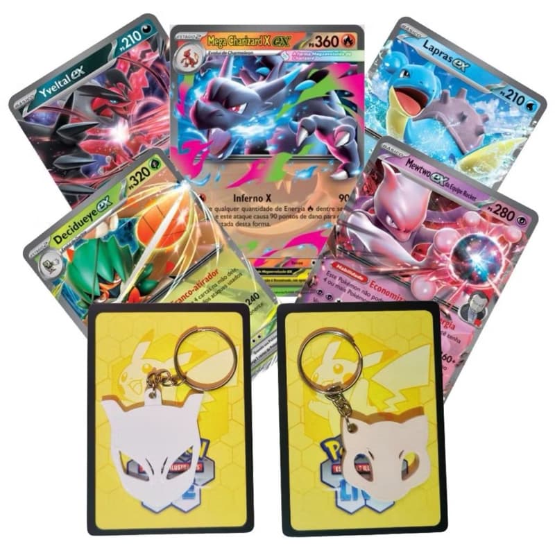 5 Cartas Pokémon Raras + Chaveiro pokemon - Cartas pokemon ORIGINAL - divertidas pro seu filho