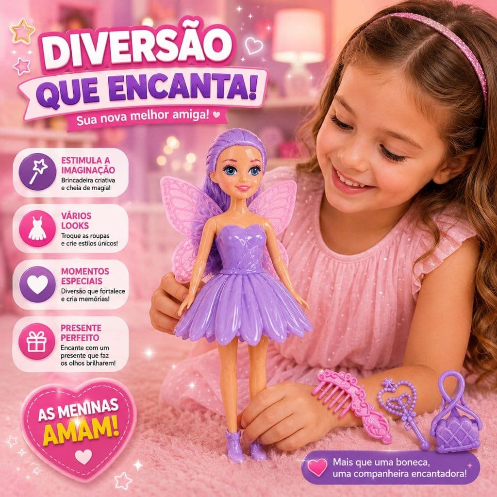 Boneca Fada com Acessórios Fashion Menina Femino Infantil Brinquedo