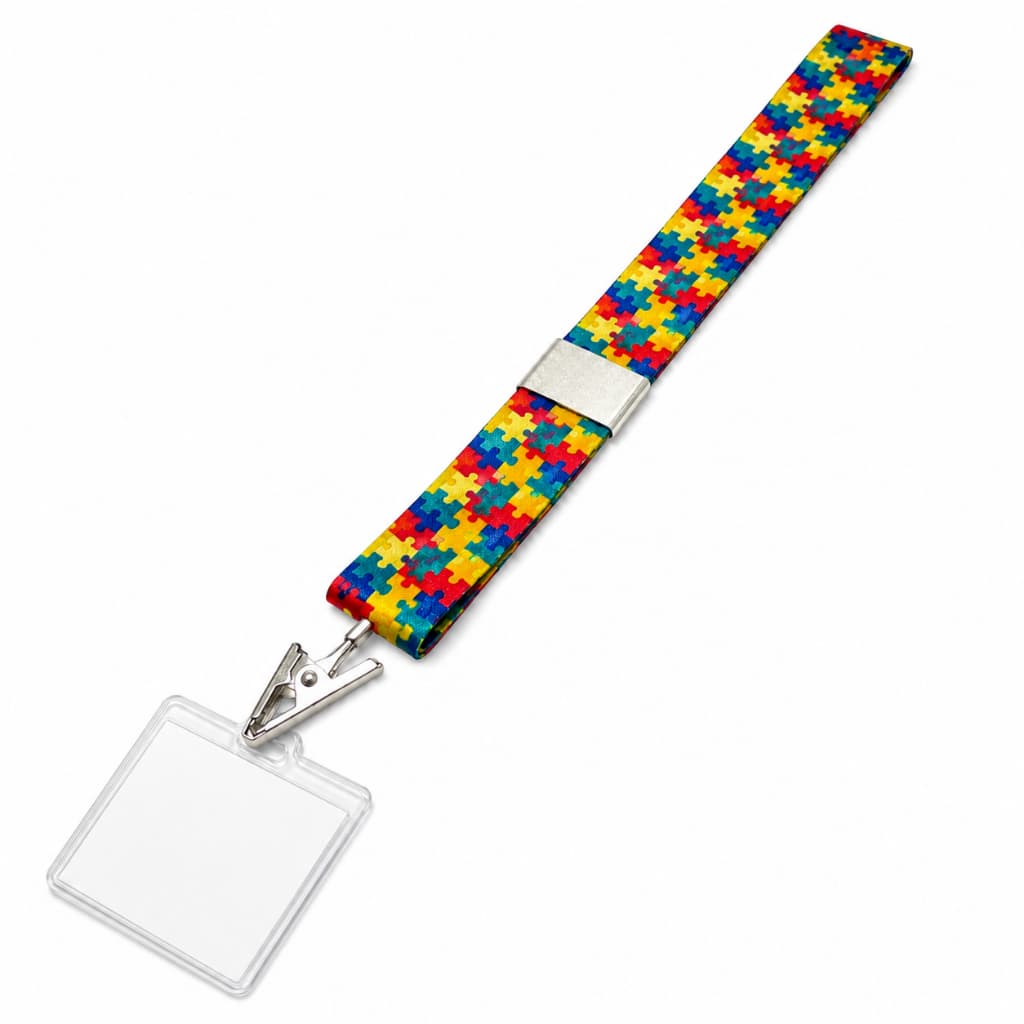Cordão para Crachá Girassol Quebra-Cabeça Autismo com Presilh e Porta Cartão Profissional Escolar
