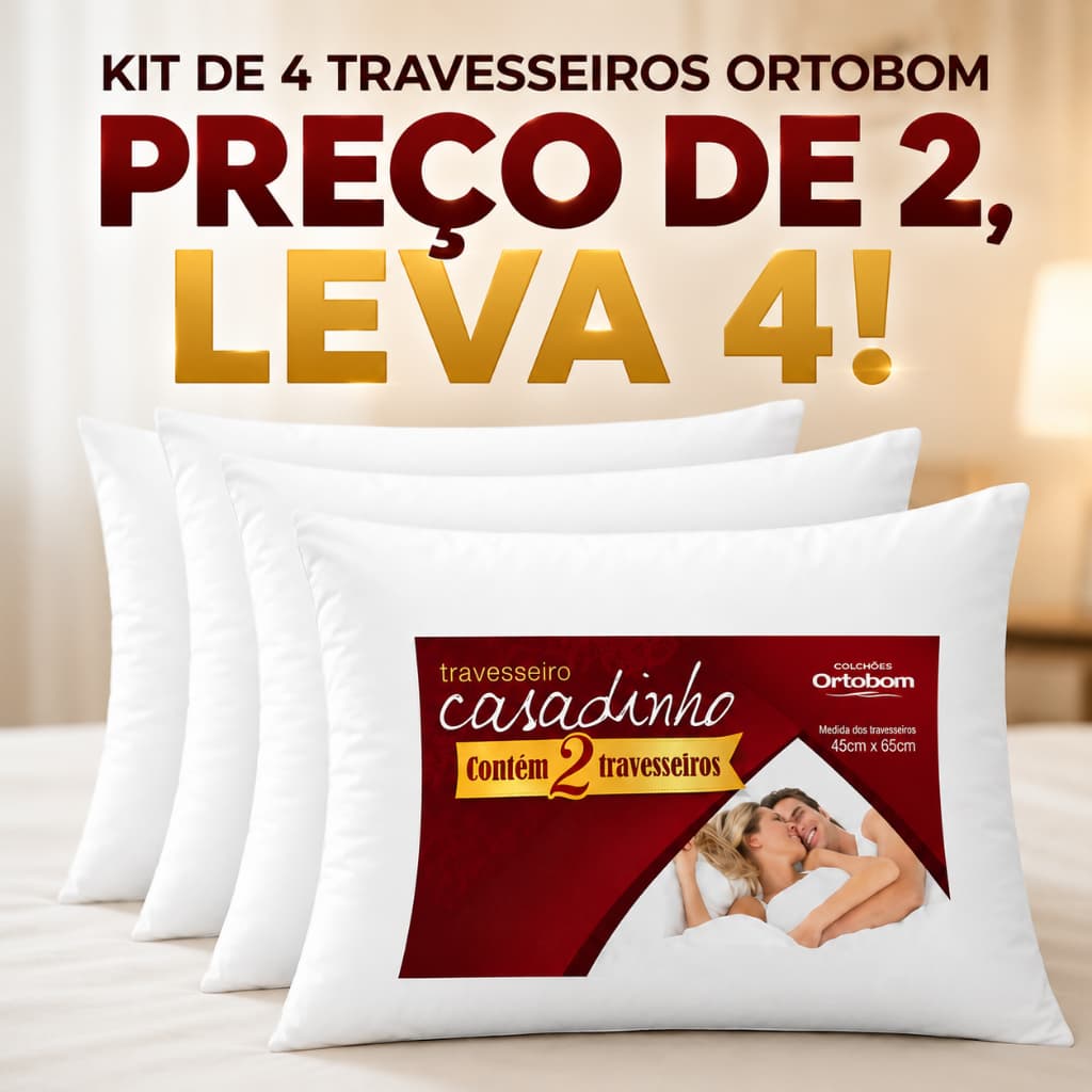Kit 4 Travesseiros Macios Casadinho Ortobom 70x50cm Dupla Altura Fibra Siliconada Confortável