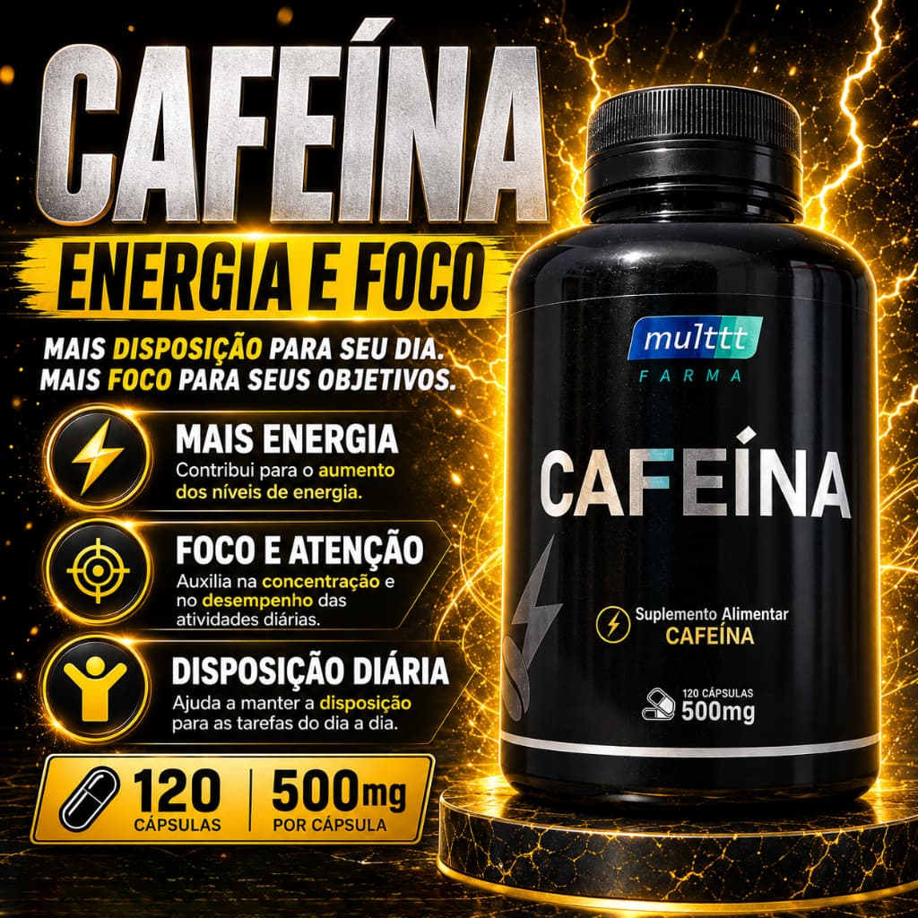 Cafeína 500mg 120 Cápsulas Suplemento Alimentar Energia Foco Concentração Performance e Disposição