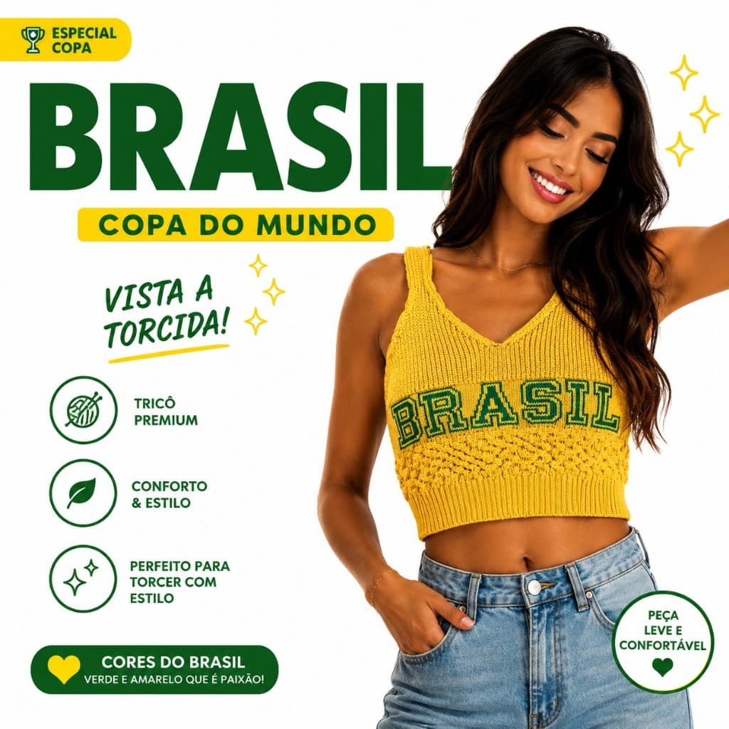Cropped Tricô Brasil Feminino Copa do Mundo Verde e Amarelo Moda Blogueira Tricot Premium