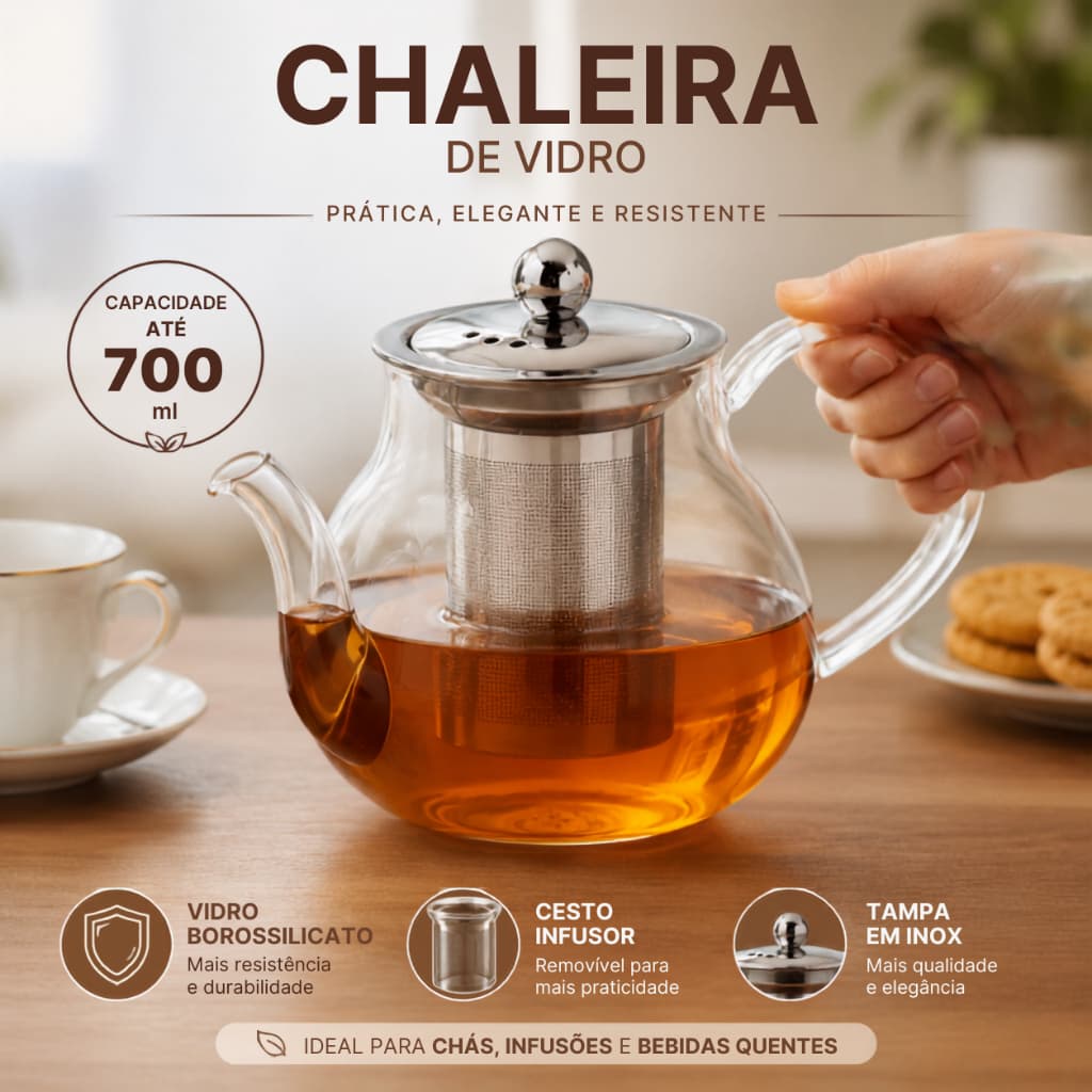 Chaleira de Vidro Borossilicato 700ml com Infusor Inox para Chá e Café