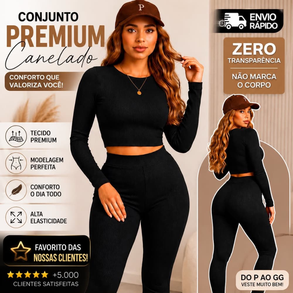 Conjunto Feminino Canelado Manga Longa + Calça Legging Cintura Alta Modeladora Zero Transparência Moda Inverno