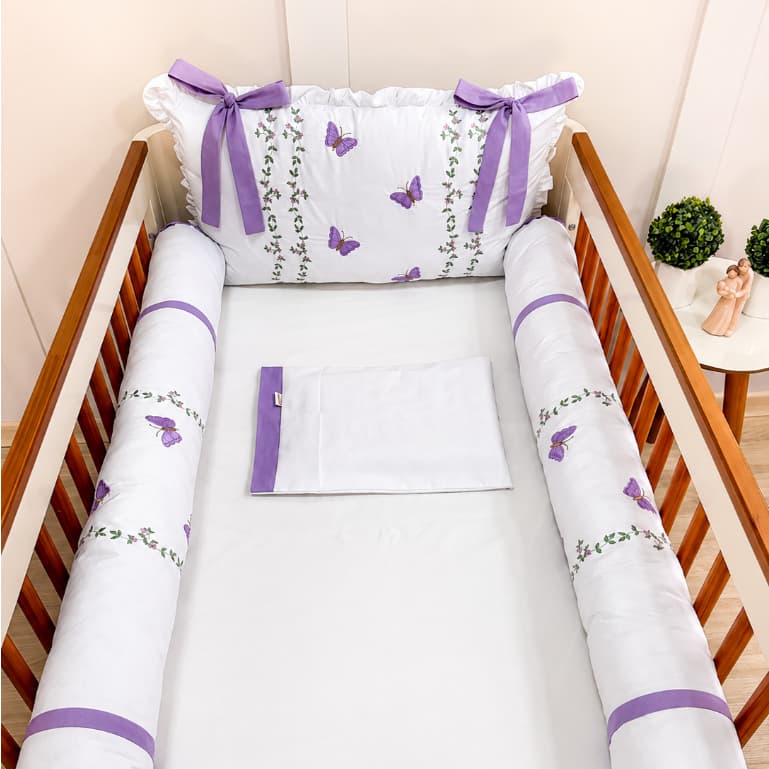 Kit berço americano menina lilás borboleta jardim  luxo 100% algodão bordado lilas