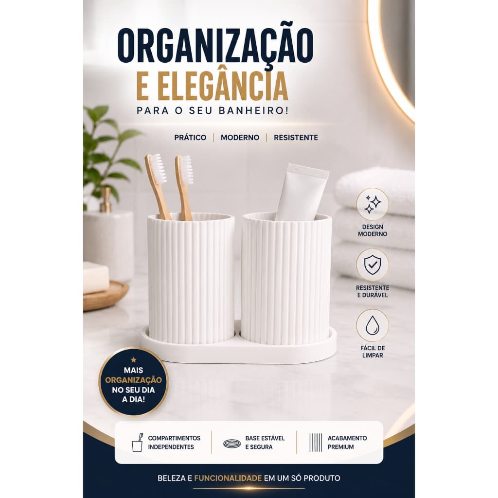 Porta Escova de Dente Duplo com Bandeja Organizador de Banheiro Branco Moderno Premium
