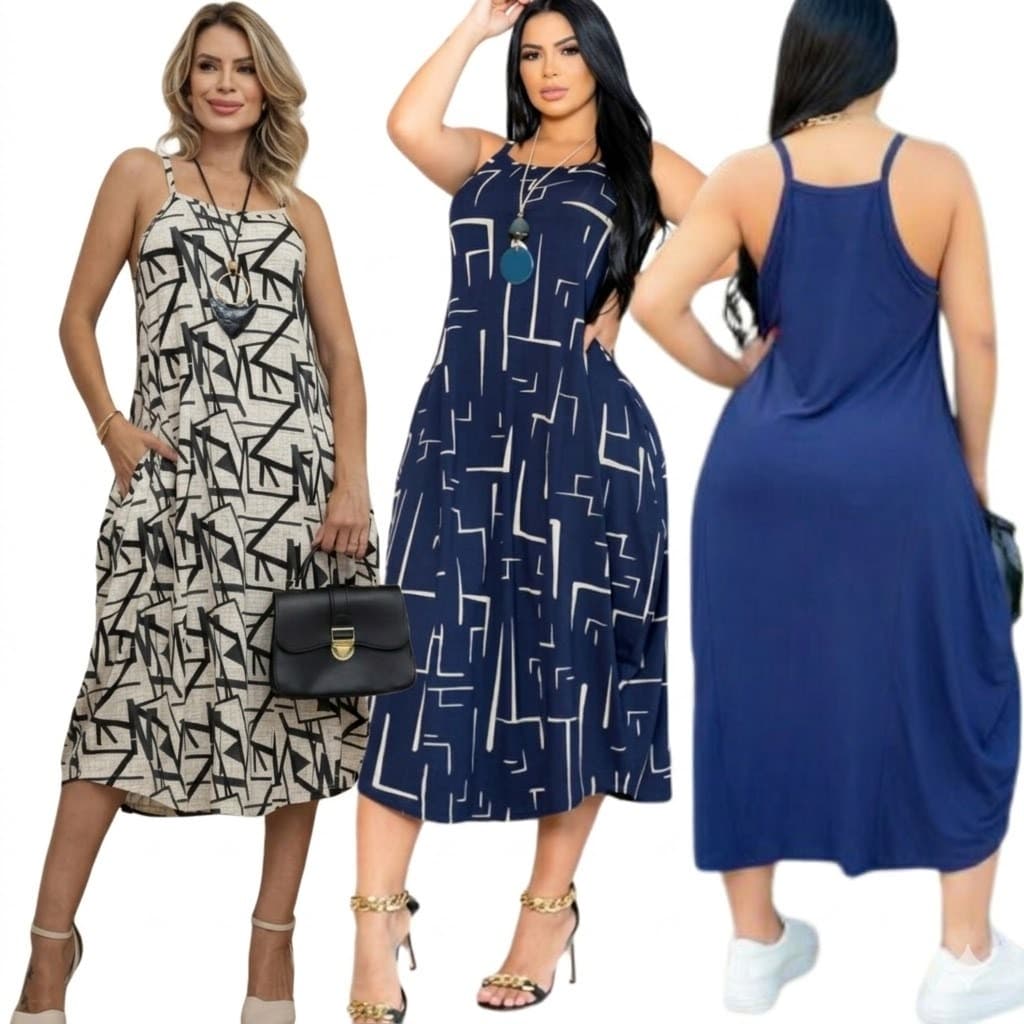 vestido midi feminino liso estampado   soltinho  confortável   casual   dia a dia costas nadador com bolso