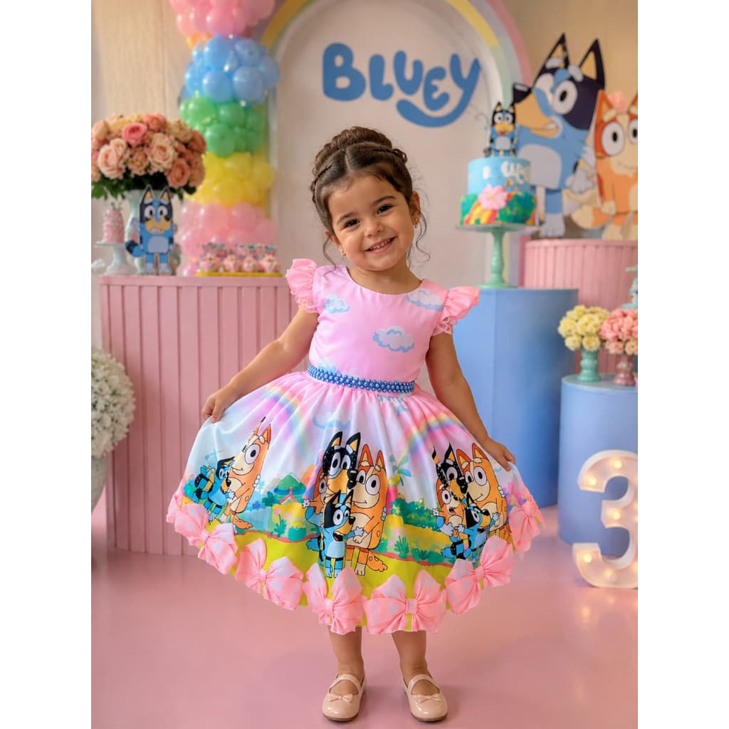 Vestido Blue Infantil Rosa Arco-íris Festa Aniversário Temático Menina de 1 a 8 Anos