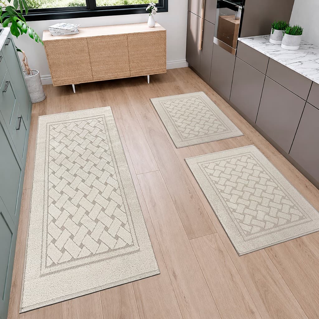 Jogo de Tapetes e Passadeira Luxo Kit 3 Peças Cozinha Tecido Macio Artesanal Tear