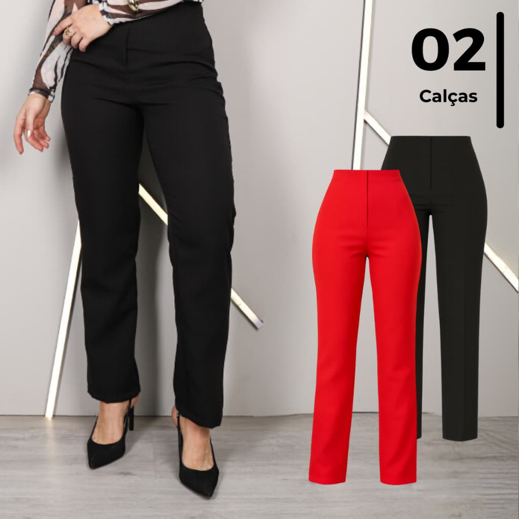 Lote 2 Calça Feminina de Alfaiataria Cintura Alta Tendencia Lisa sem Bolsos Reta Diferentes Verão