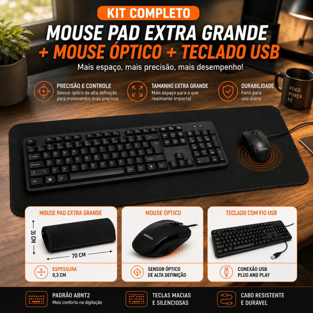 Kit Teclado USB + Mouse Óptico + Mouse Pad Extra Grande 70x35 Gamer Escritório ABNT2 Escritório