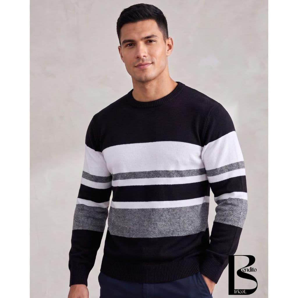Blusa Listrada Masculina Tricot Manga Longa Canelada Gola Redonda Tricô Moda Inverno