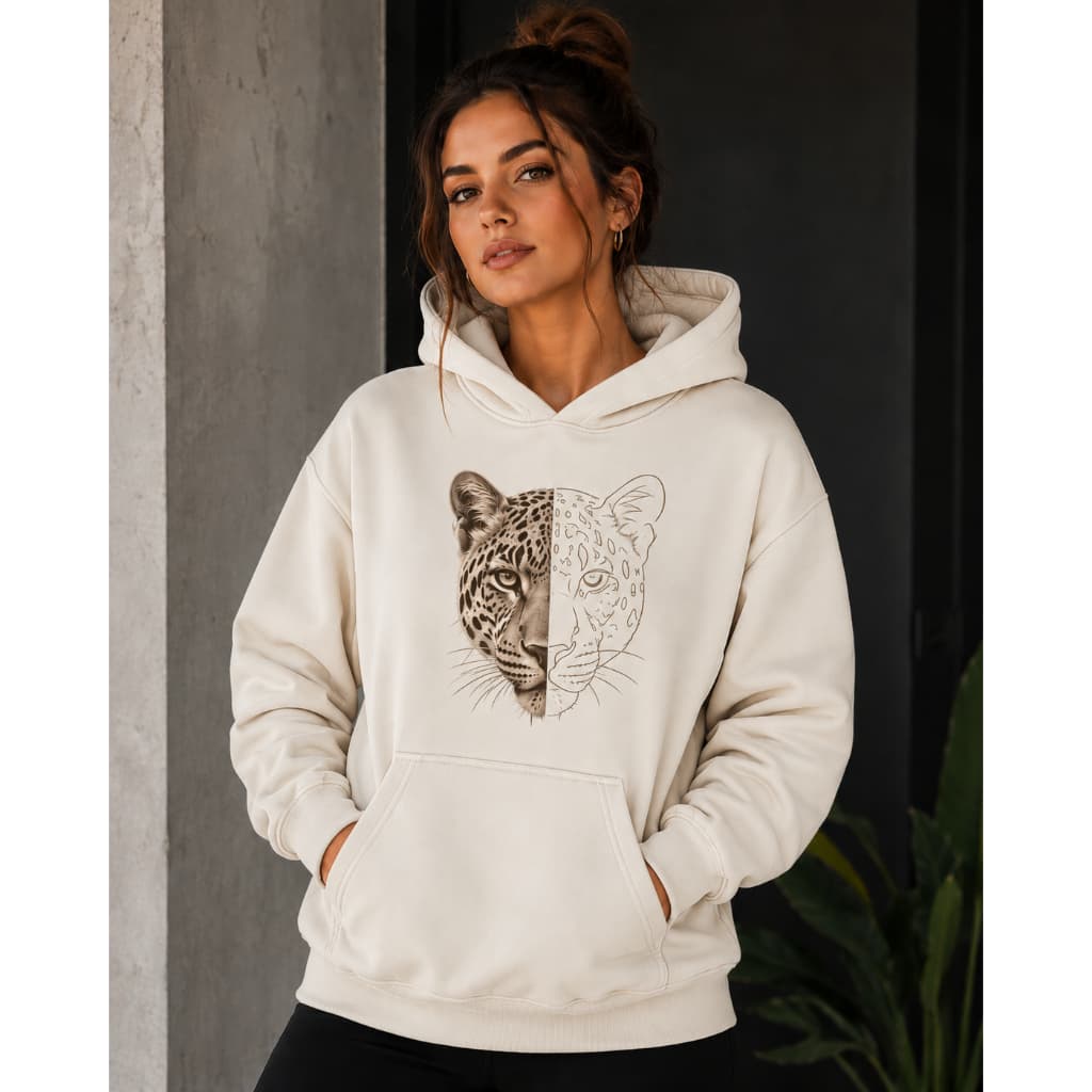 Moletom Feminino Com Capuz e Bolso Frontal Onça Blusa de frio Flanelado Streetwear Canguru Casaco Agasalho