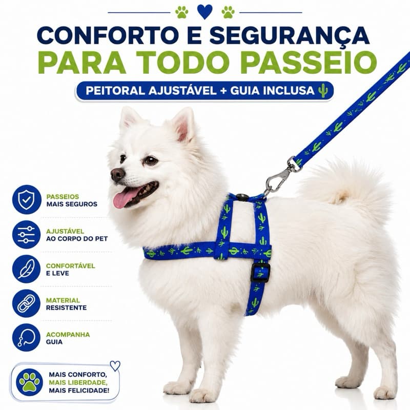 Peitoral Cachorro Ajustável Guia Passeio Confortável