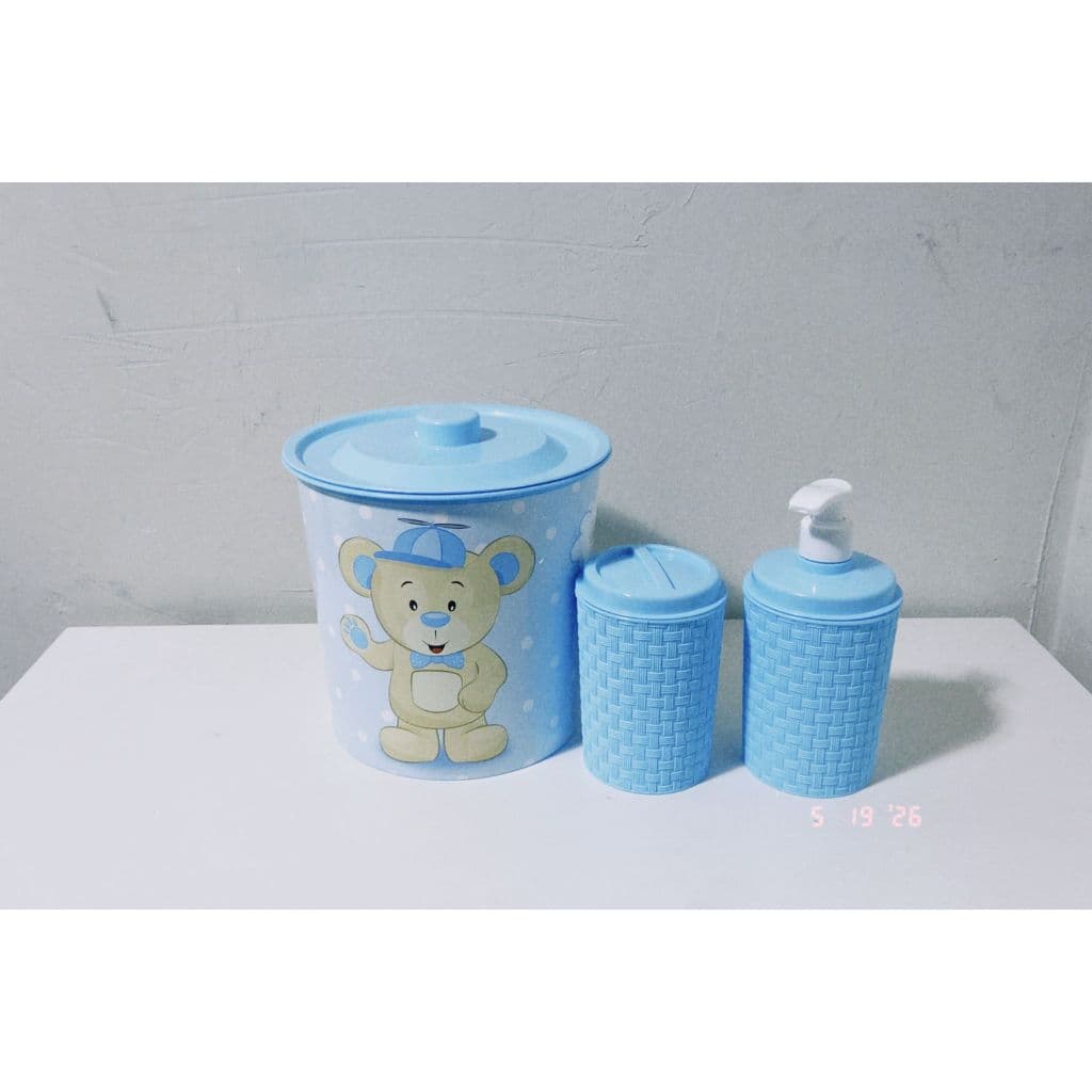 KIT MAMÃE & BEBÊ LIXEIRA PORTA ALGODÃO OU COTONETE PORTA SABONETE LIQUIDO URSINHO AZUL MENINO