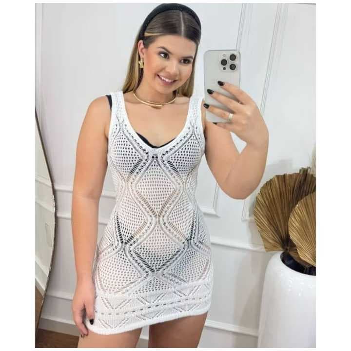 Saída de Praia Feminina em Tricô | Vestido Vazado Verão em Fio Poliéster