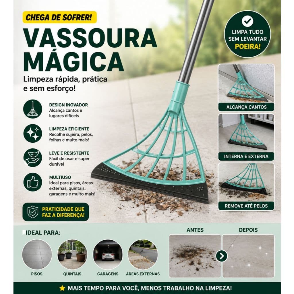 Vassoura Mágica Rodo Tira Pelo Limpa Vidro Seca Bem Silicone Cabo Grande 1,20m
