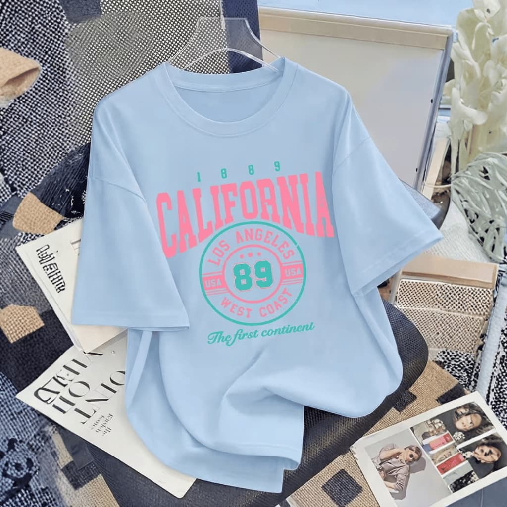 Camiseta Feminina California Los Angeles West Coast Top Casual de Manga Curta e Gola Redonda