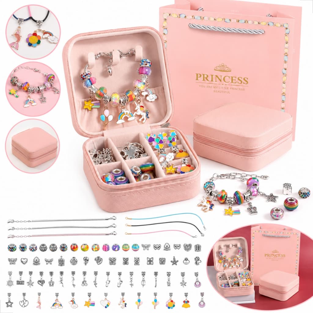 Kit Pulseira Infantil Miçangas Berloques 66 Peças Bijuteria Caixa Presente Pingentes Colar