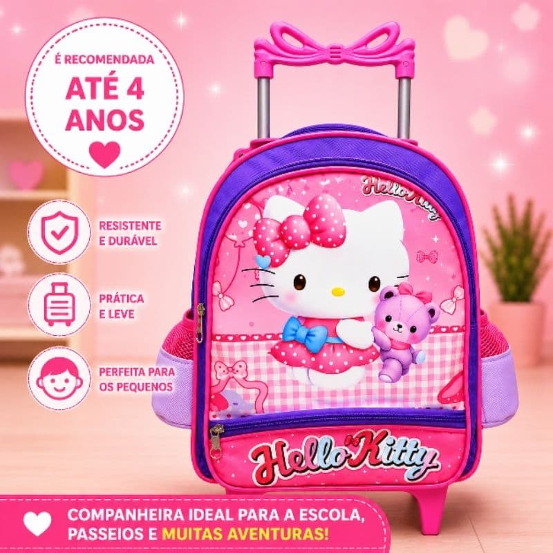 Mochila Escolar Infantil Creche Pequena Feminina Com Rodinha Hello Kitty