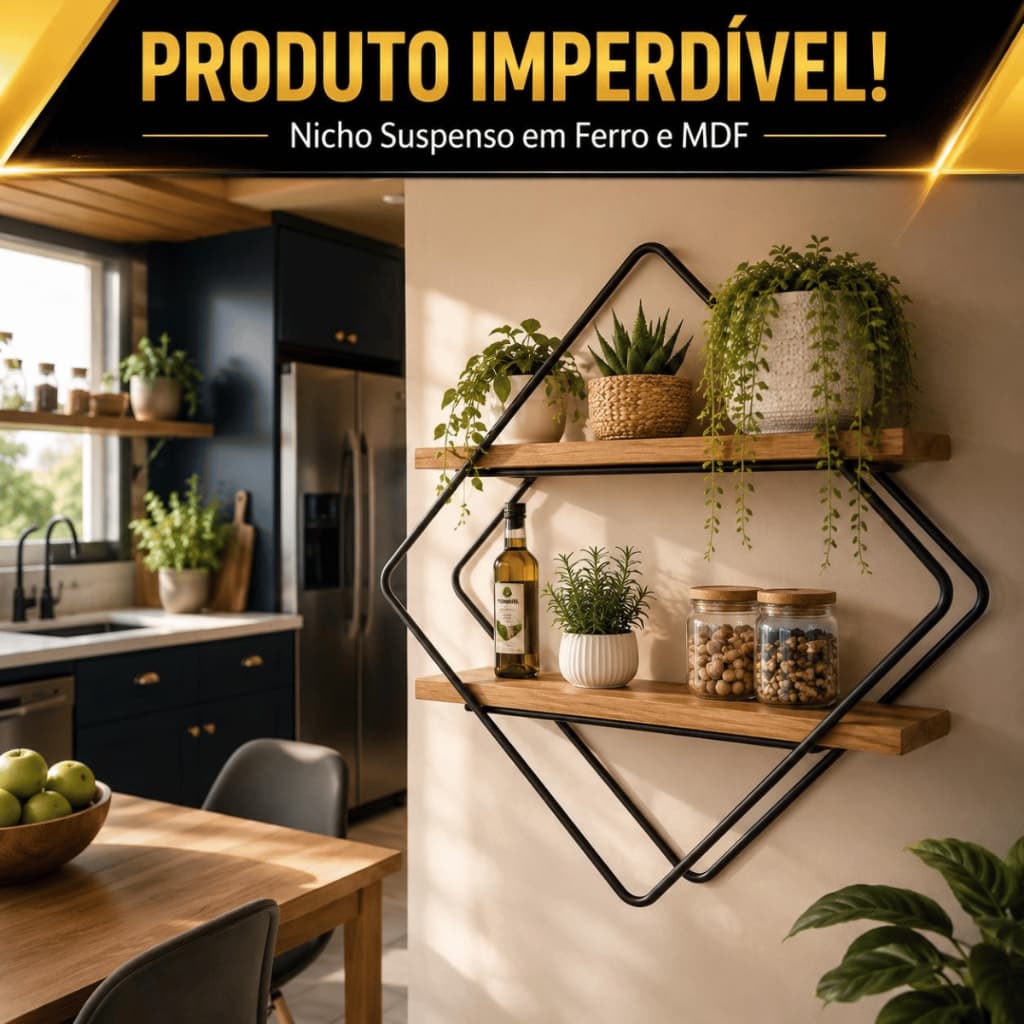Nicho Prateleira Dupla Cozinha Decorativa Rústica Suspensa Parede Ferro E Mdf