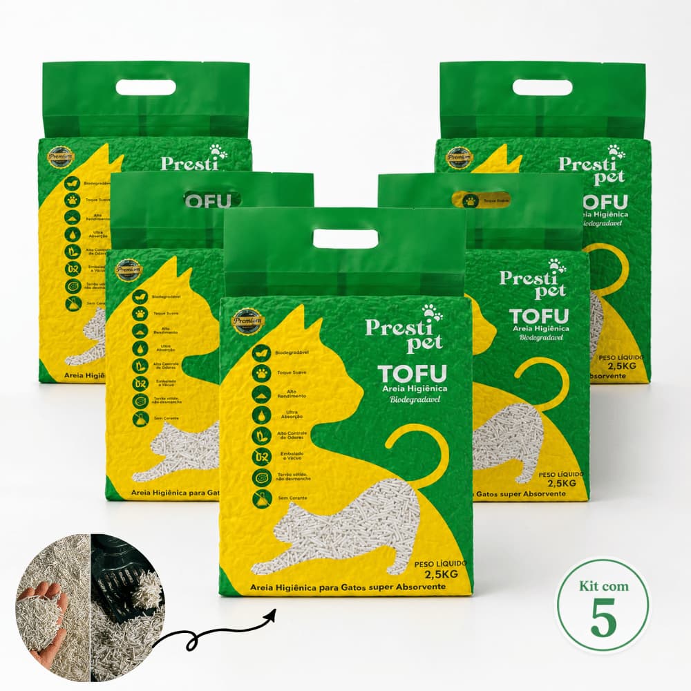 Areia Higiênica Gatos Tofu Kit 5 PrestiPet 2,5kg Biodegradável Antiodor Super Absorvente